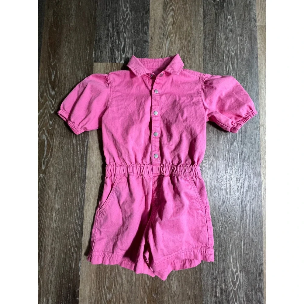 Old Navy Denim Romper Kids Size M (8) Pink Puff Sleeve‎ Snap Front Utility